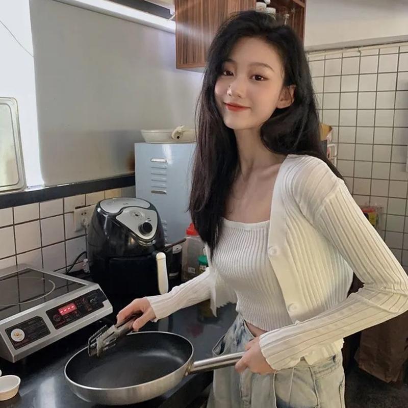 Set două piese în stil coreean pentru femei, toamnă, culoare caramelă, cu mânecă lungă, tricotat cu nervuri, pulover decupat și vestă asortată