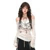 Japanese Y2k Knitted Tops Grunge Tattoo Print Long Sleeve T-shirt Ribbed Vintage Harajuku Shirring Knitwear 2000s Gothic
