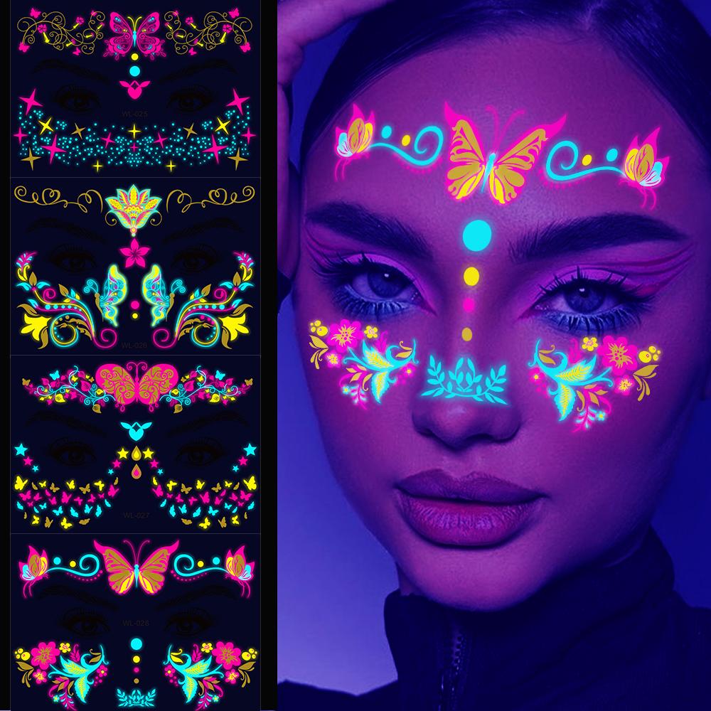 4/8Pcs Fluorescent Face Tattoo Stickers Colorful Flower/Butterfly/Feather Design Temporary Decal Waterproof Makeup/Party Tattoos