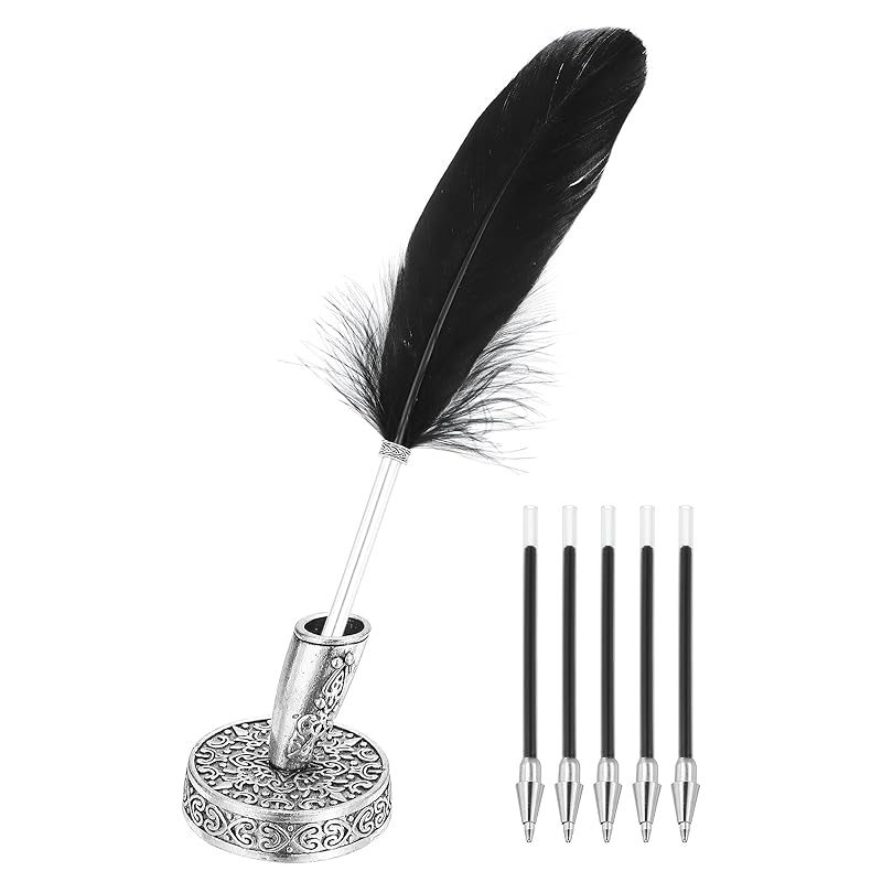 

PATIKIL black feather ballpoint pen wholesale metal holder black ink vintage quill pen 5 pieces With refill office wedding signature