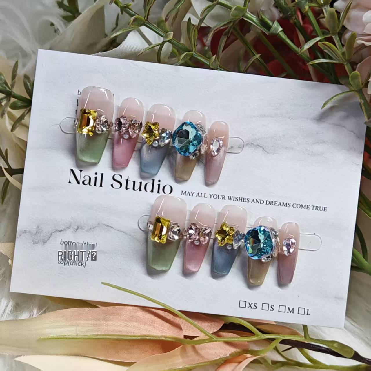 

Succubus Handmade Wearable Nails: Bling Cat Eye, Whitening Autumn/Winter Nail Art Medium M