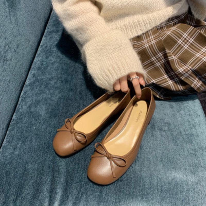 Sheepskin version single shoes women's round head light mouth bow leather shoes versatile thick heel commuter ballet shoes
