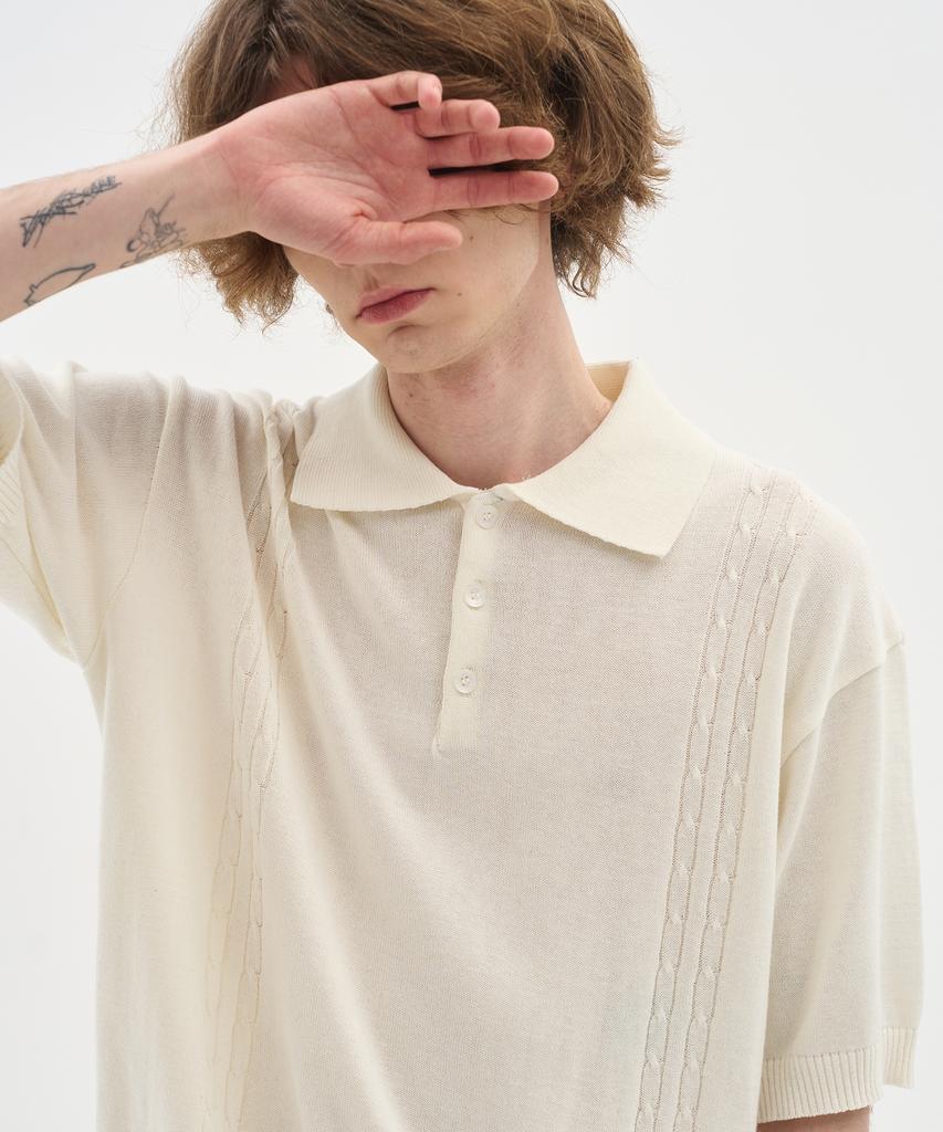 BLOND9 Soft Cable Collar Short Sleeve Knit_Ivory