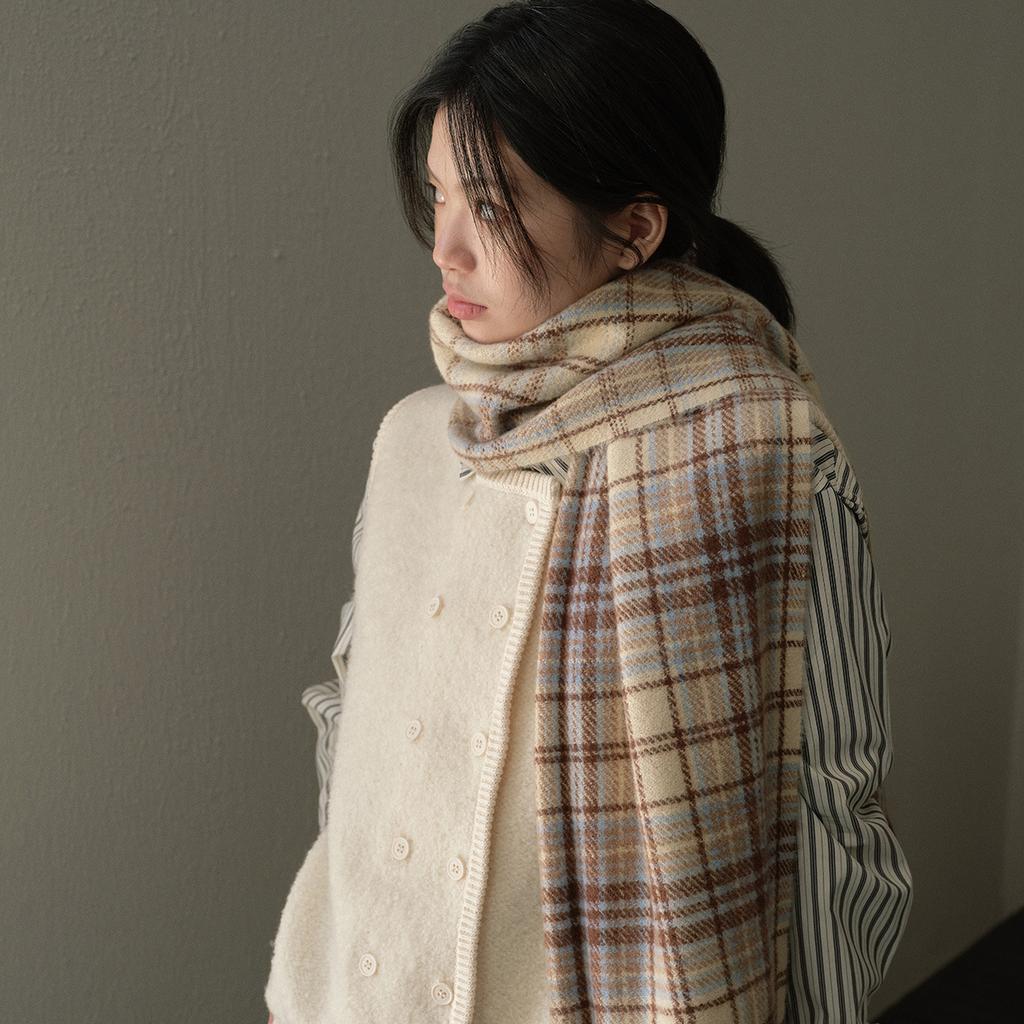 Classic Beige Oatmeal Latte Plaid Scarf for Women Students Soft Warm Woolen Scarf