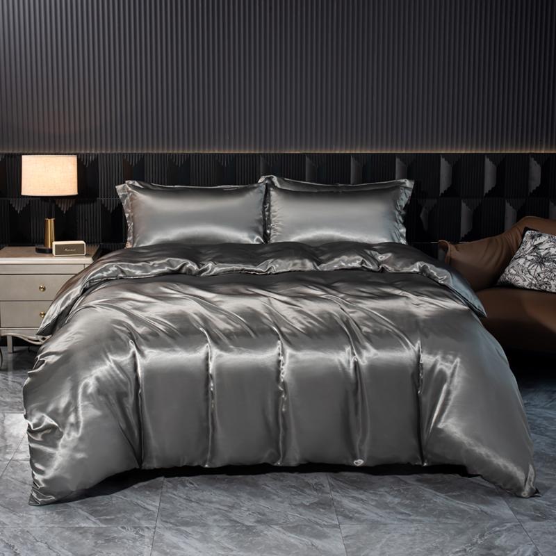 Solid Satin Bedding Set Soft Smooth Duvet Cover Sheet Pillowcase For Twin Full Queen King Size Beds
