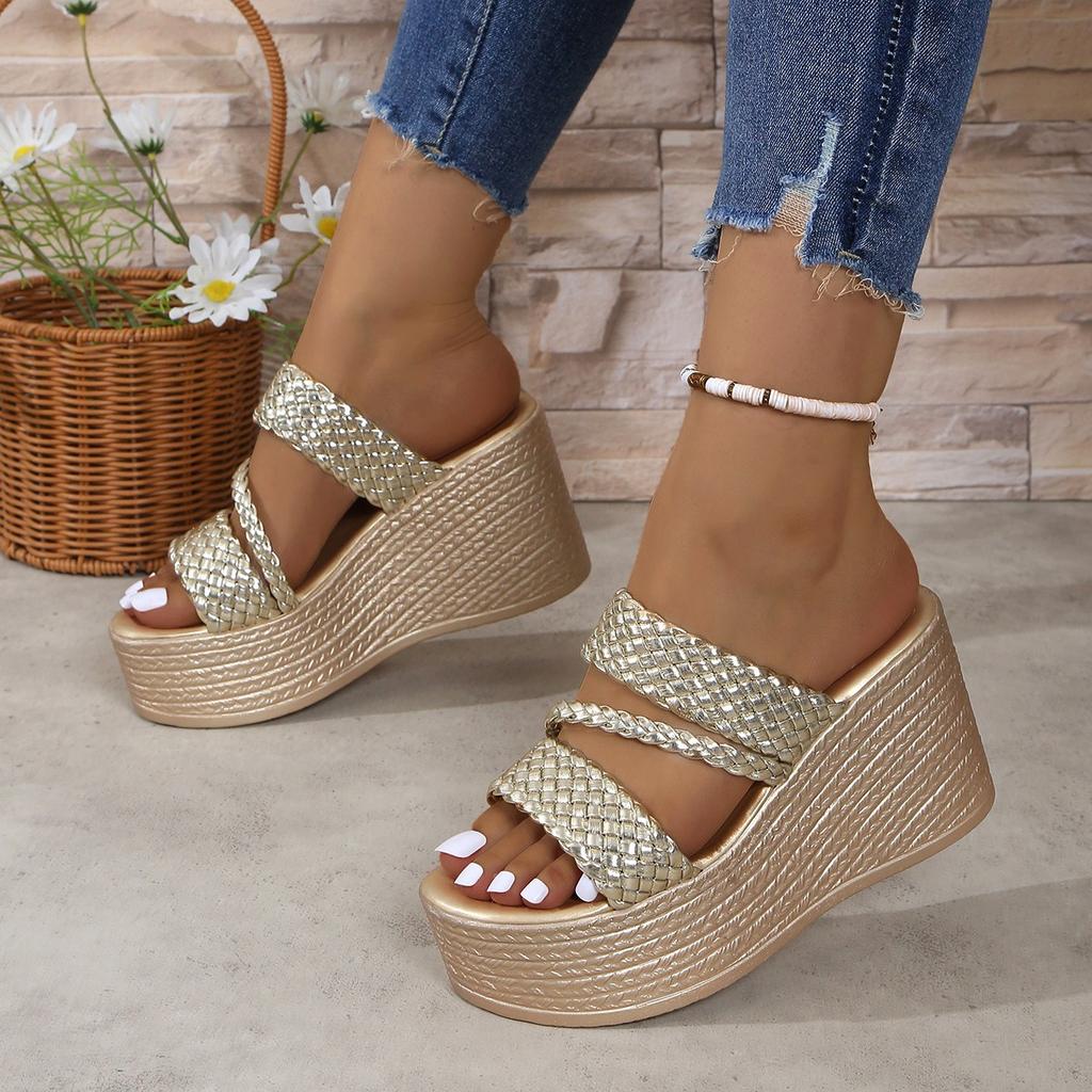 Fashion Aphixta Summer 9cm High Heels Wedge Heels Slippers Weave Women Platform Sandals Clog Shoes Slides Gold Shoes Size 43