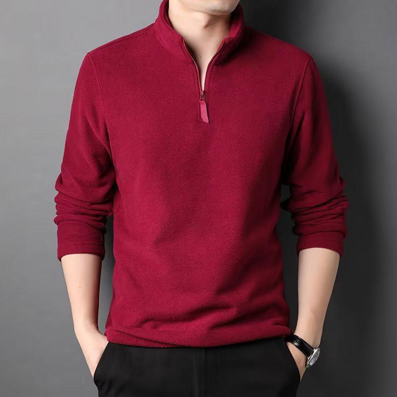 

Men s Trendy Double-Sided Fleece Half-Zip Stand Collar Long Sleeve T-Shirt, Wear-Resistant Casual Base Layer for Spring and Autumn 2XL красный