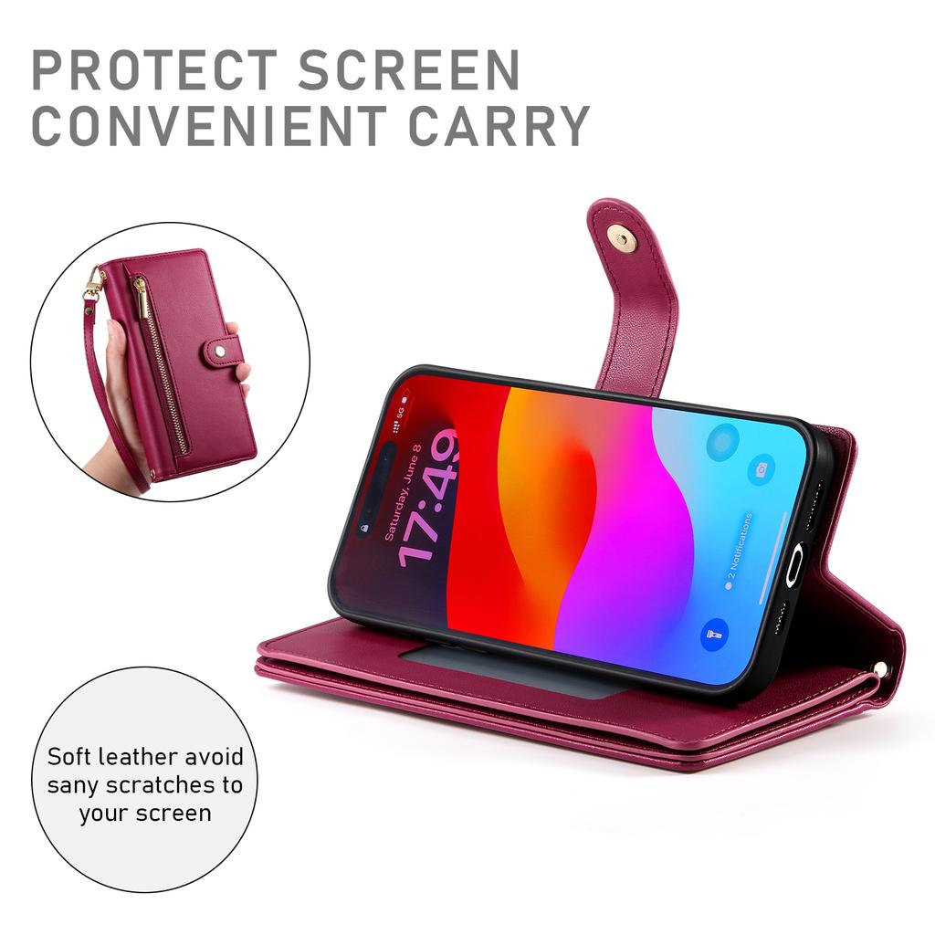 For iPhone 17 Pro Case Zipper Pocket Wallet Leather Phone Cover with Straps