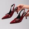Sandals Women Summer Women's High Heels Metal Belt Buckle Decorative Burgundy Sexy Pointed Kitten and Fashion Banquet Sandals