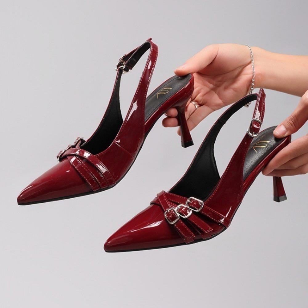 Sandals Women Summer Women's High Heels Metal Belt Buckle Decorative Burgundy Sexy Pointed Kitten and Fashion Banquet Sandals