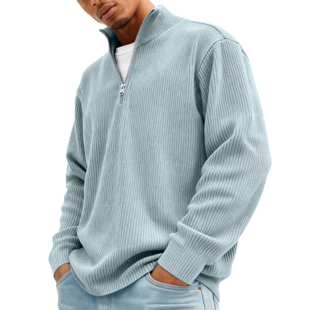 Men’s Ribbed Knit Pullover Sweater Quarter Zip Stand Collar Long Sleeve Casual Loose Fit Top
