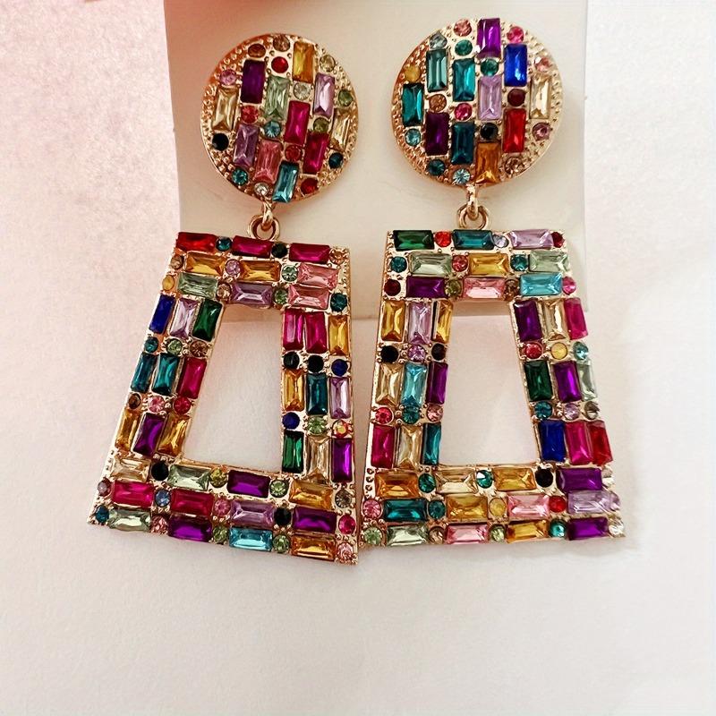 Vintage Luxury Geometric Square Drop Dangle Earrings Multicolor Synthetic Zircon Christmas All Season Jewelry for Party Gift
