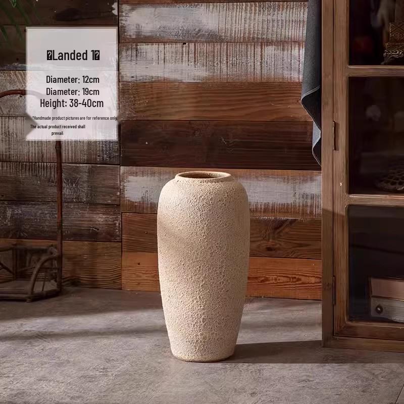 Handmade Retro Nostalgic Large Ceramic Floor Vase – Coarse Pottery Feng Shui Decor for Living Room or Hotel.