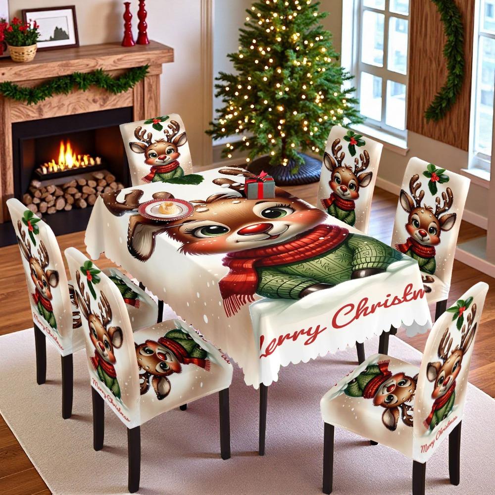 Christmas Santa Print Waterproof Polyester Tablecloth and Chair Covers Set for Dining Room