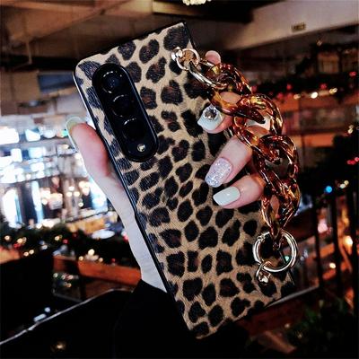 Luxury Leopard Print Pu Leather Phone Case For Samsung Galaxy Z Fold 4 3 5g Cover With Wrist Strap For Woman Girl