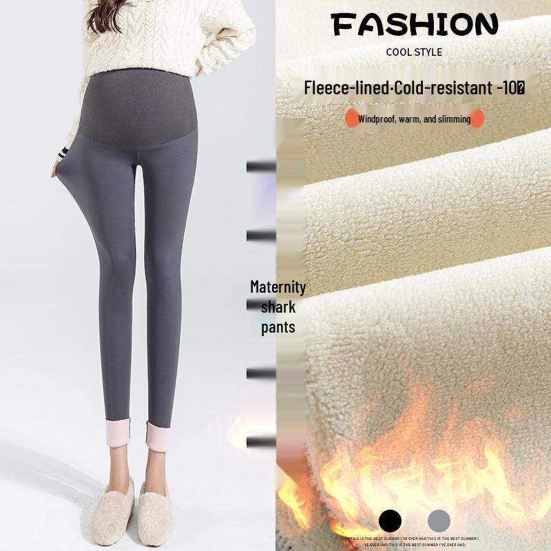 Maternity Dark Gray Fleece-Lined Yoga Shark Leggings - Non-Constricting Belly, Perfect for Autumn/Winter