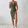 Vasarinė moteriška suknelė su kvadratiniu kaklu, be rankovių, siaura elastinga, šoninė perskelta sriegio, vientisos spalvos OL Kvėpuojanti klubo vakarėlio midi suknelė