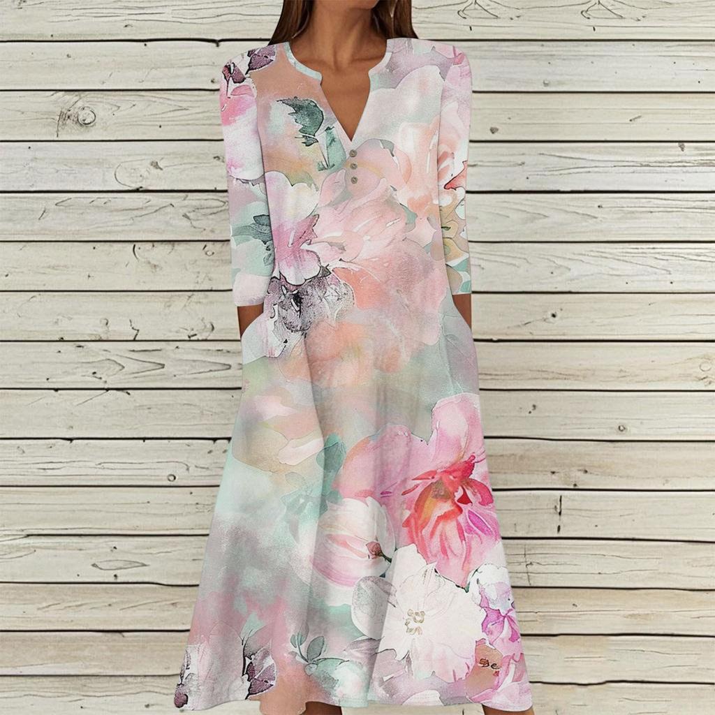 Women's Summer Casual V-Neck Button Vintage Floral Print Three-quarter Sleeve Long Dress With Pockets