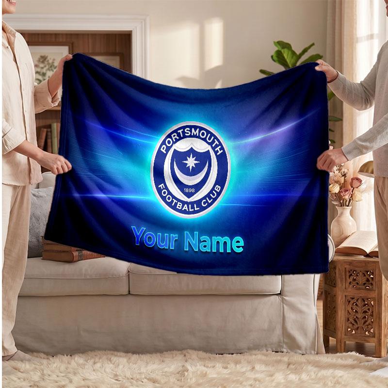 Personalisierte Fleece-Decke des Portsmouth FC mit Fußball-Logo, Individueller Name/Text, Weich, Warm, Heim-Überwurfdecke