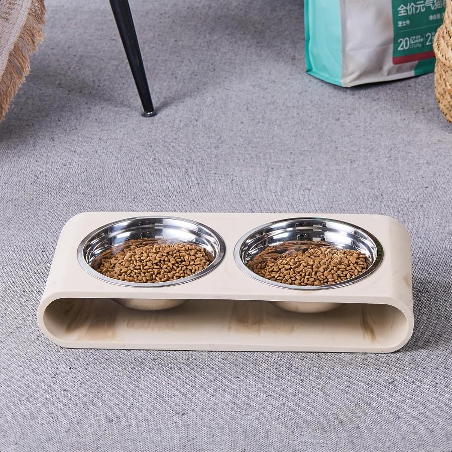 Beige Marble Elevated Dog Bowls Set 2 Thick 6 Stainl Steel Puppy Food Bowl with NonSlip Raised Holder Stand Double Feeding Bowl