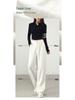 White Linen Loose-Fit Old Money Style Women’s Elastic Waist Wide-Leg Trousers, Casual Spring 2026 Collection