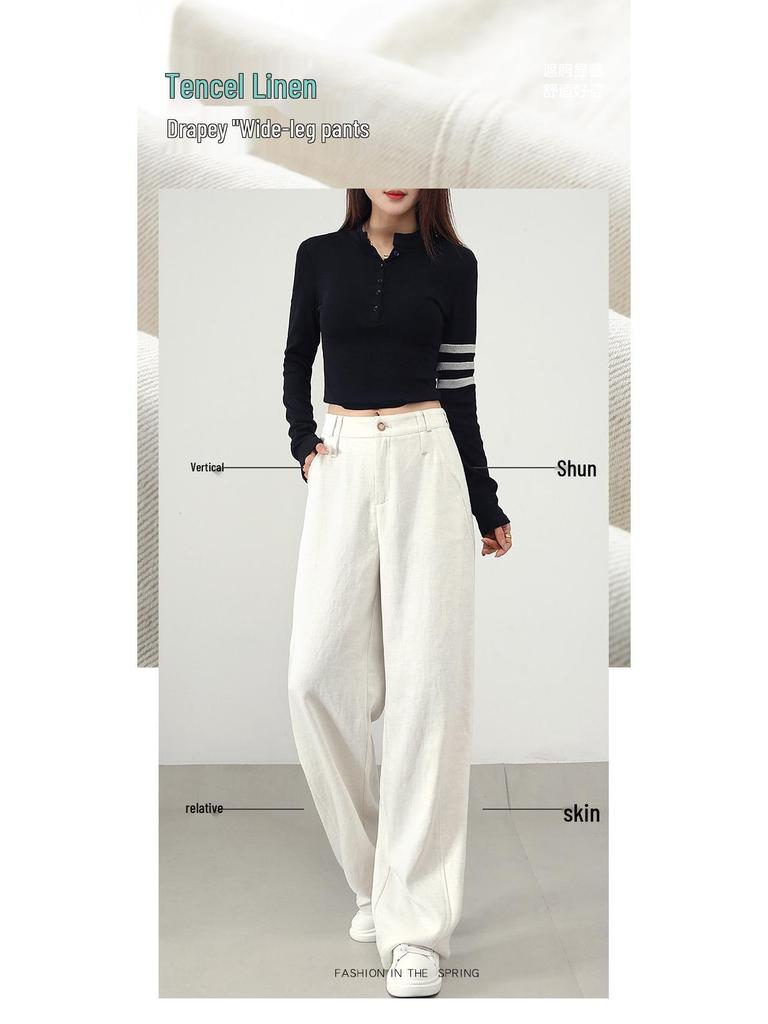 White Linen Loose-Fit Old Money Style Women’s Elastic Waist Wide-Leg Trousers, Casual Spring 2026 Collection
