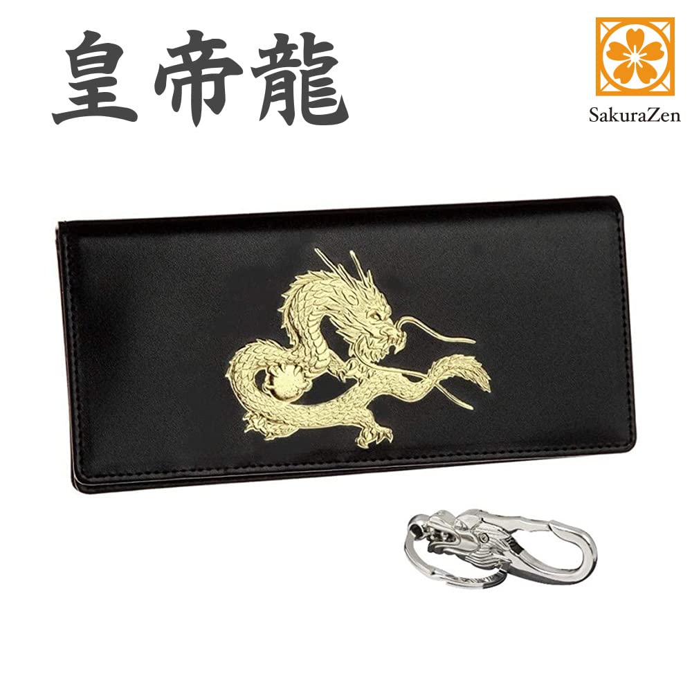Feng Shui Secret Emperor Dragon Long Wallet Increase Money Luck Genuine Gold Leaf Engraved Cow Genuine Leather Wallet Black Black Golden Netsuke