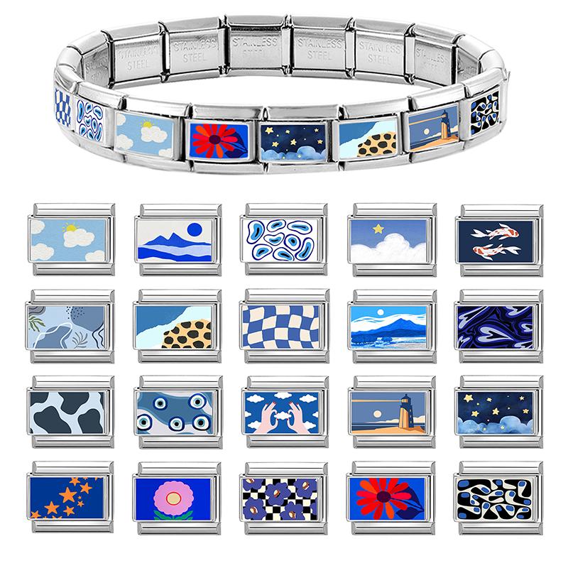 Großhandel Y2K Blau Grau Blume Seestern Wolken Sonne Katze Italienischer Charms Glieder Passend für 9mm Edelstahlarmband DIY Herstellung Geschenk