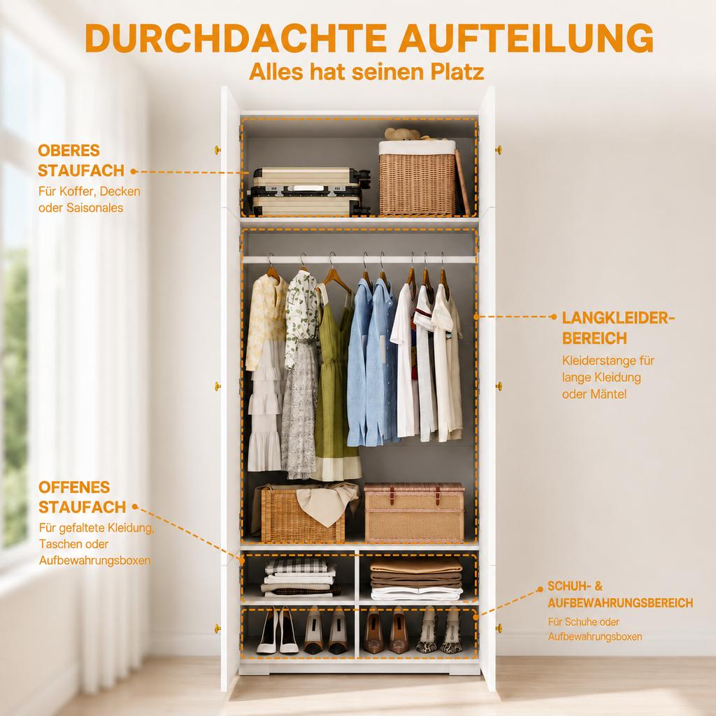 White, 90 x 50 x 200 cm, tall hinged door wardrobe, with 1 clothes rail and 5 storage compartments, for bedroom, children's room and office