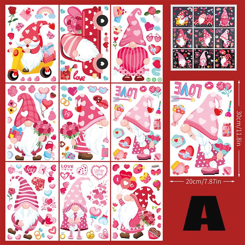 9pcs Valentine's Day Gnomes No Glue Static Sticker Window Glass Refrigerator Sticker