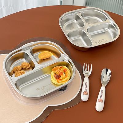 Square 304 Stainless Steel Divided Lunch Box 3/4 Grid Food Container For Kid Cute 3/4 Compartment Dinner Plate With Lid