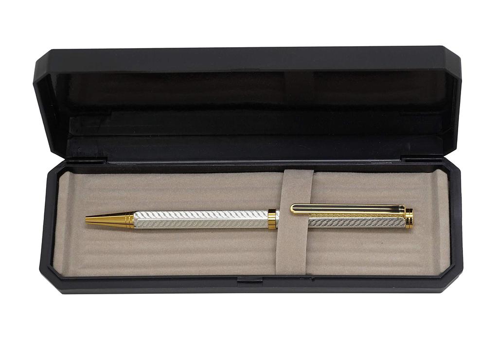 Takizawa Brass Hexagonal Rotating Ballpoint Pen with Gold Leaf In a Black Mm Brass Hexagonal Engraved Handle Rotating Ballpoint Fully Silver