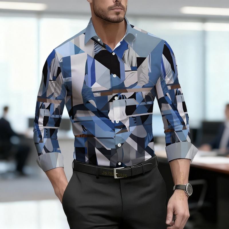 Men's shirt retro fashion printed shirt slim fit business commuting long sleeved shirt spring and autumn trendy casual men's top
