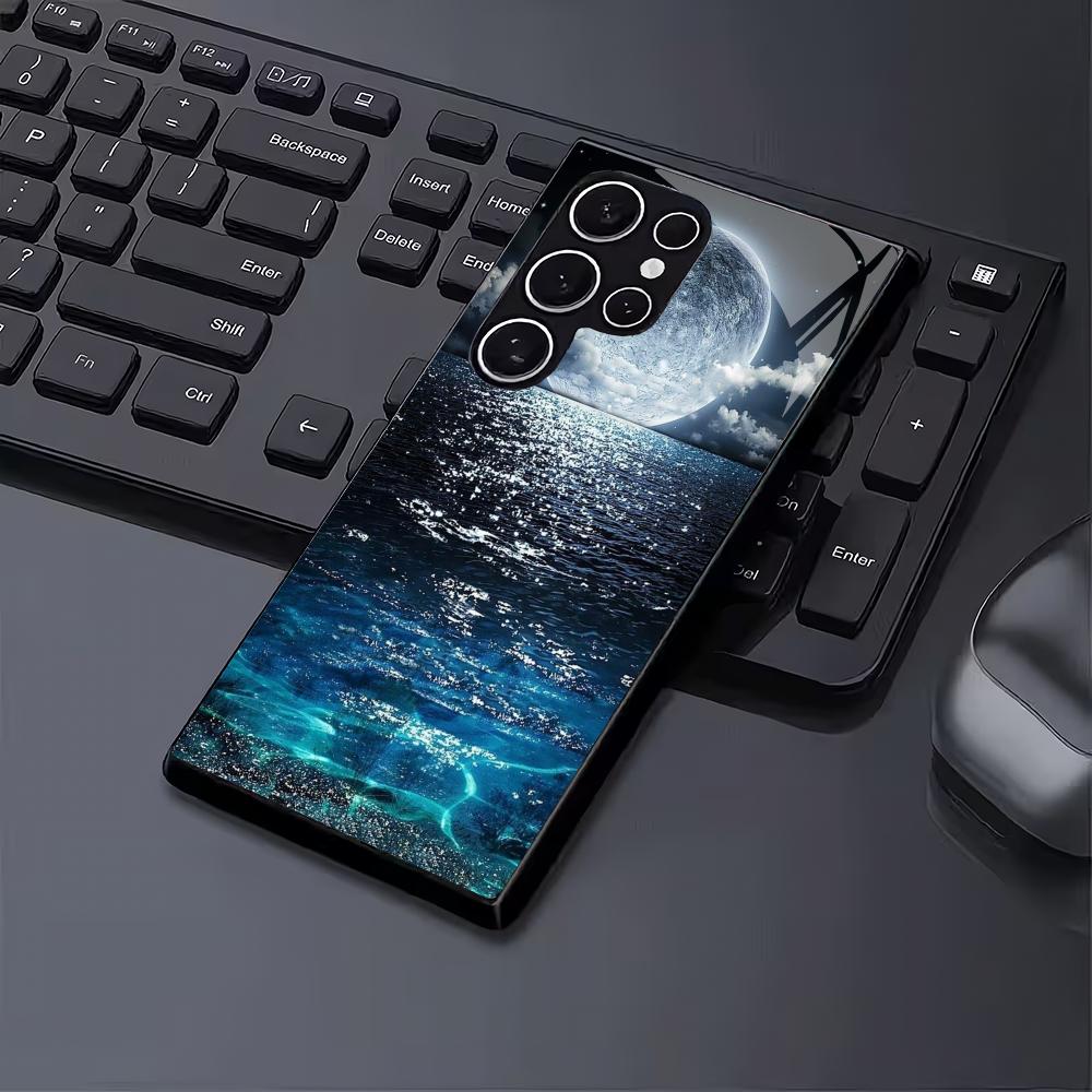 Moon Night Deep Sea Tempered Glass Phone Case Suitable for Samsung Galaxy S26 S25 S24 S22 S21 S20 FE/Ultra/Plus Anti Drop