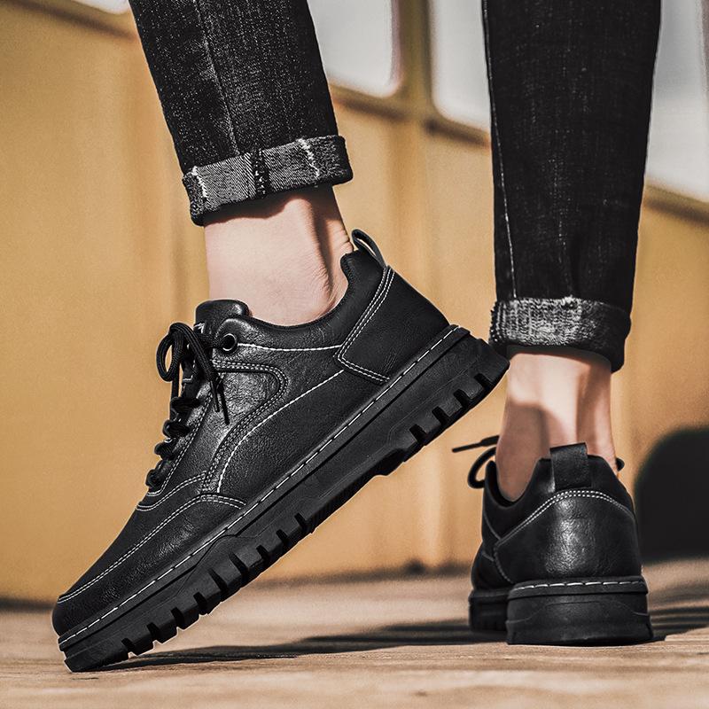 Four seasons lace-up casual small black shoes men's low-top leather Martin shoes retro thick-soled trendy outdoor tooling shoes
