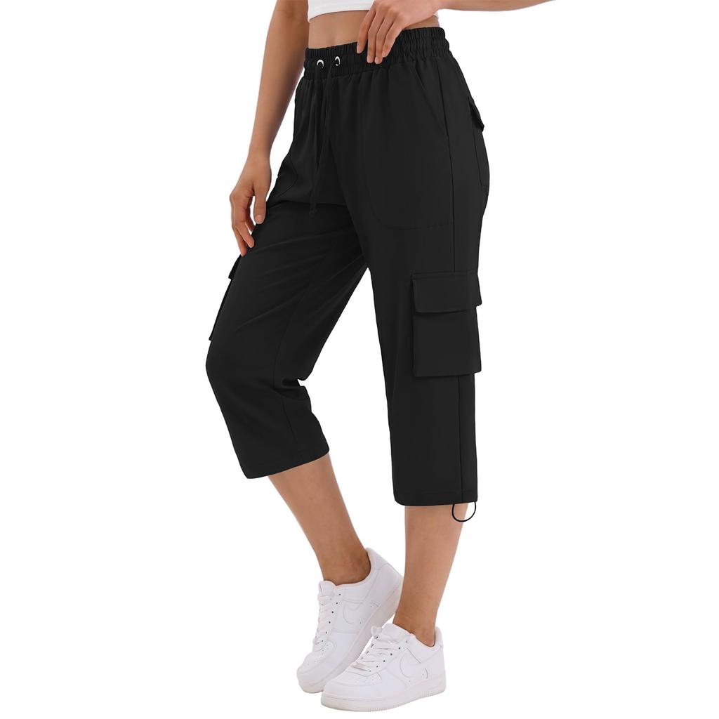 Women Casual Solid Color Loose Fit Sport Cargo Capri Pants with Elastic Waist and Adjustable Drawstring for Outdoor Activities