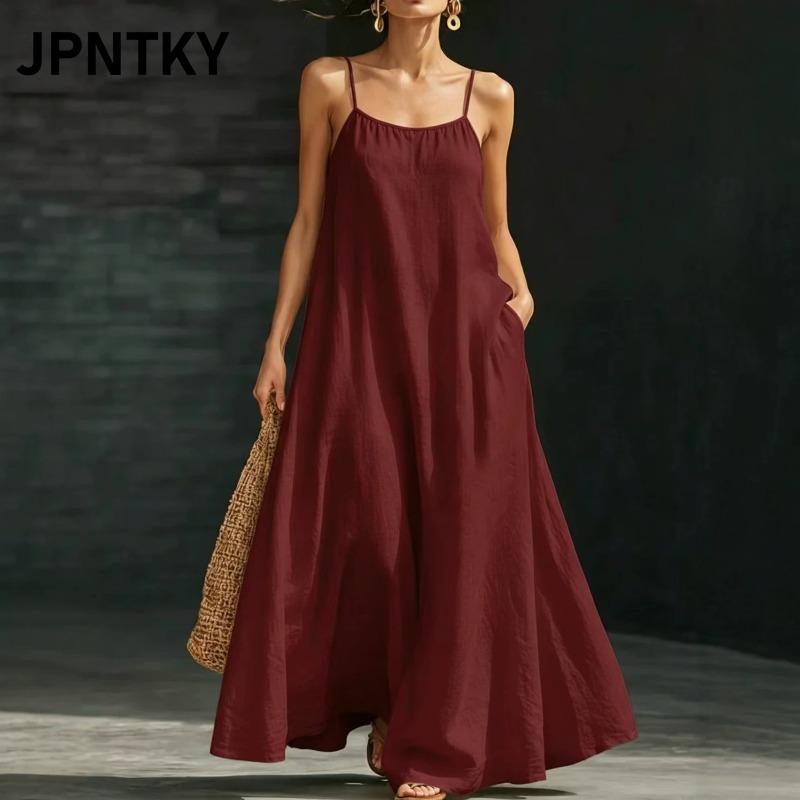 JPNTKY Women's Fashion Summer Spring Solid Color Print U-Neck Sleeveless Casual Dresses