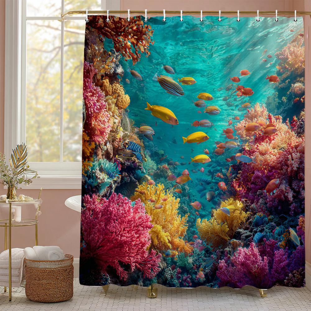 Underwater World Ocean Dolphin Jellyfish Shower Curtain, Bathroom Decorative Shower Curtain, Waterproof Shower Curtain with Hook