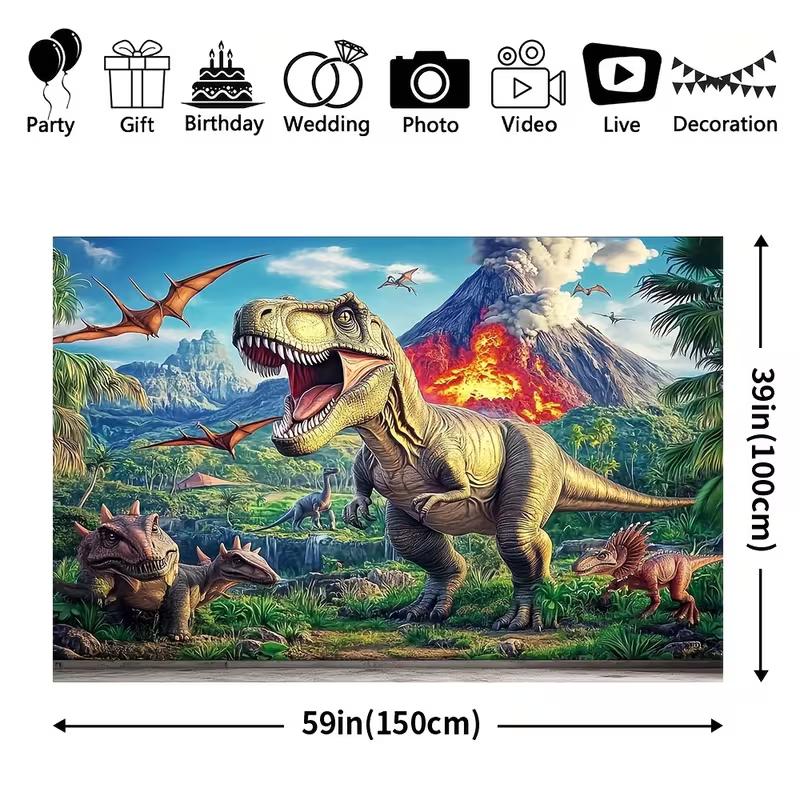 Vulkan T-Rex Dinosaurier Wandteppich, Jurassische Dschungellandschaft Wanddekoration für Jungenzimmer & Thematische Geburtstagsparty