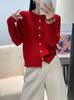 Women's Red Wool Cardigan with Embroidered Design - 2026 Korean Style, Age-Reducing, Versatile Top