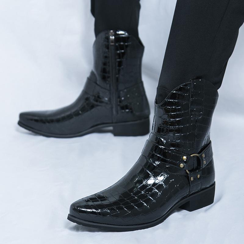 Men's High-Top Retro Embossed Leather Boots with Side Zipper - Plus Size Autumn/Winter British Martin Style.