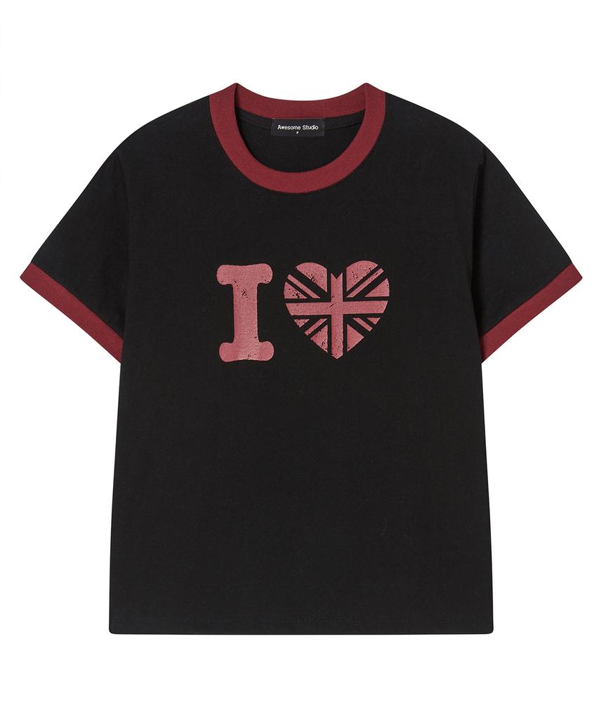 AWESOME STUDIO Heart Ringer Color Block Short Sleeve T-Shirt Black