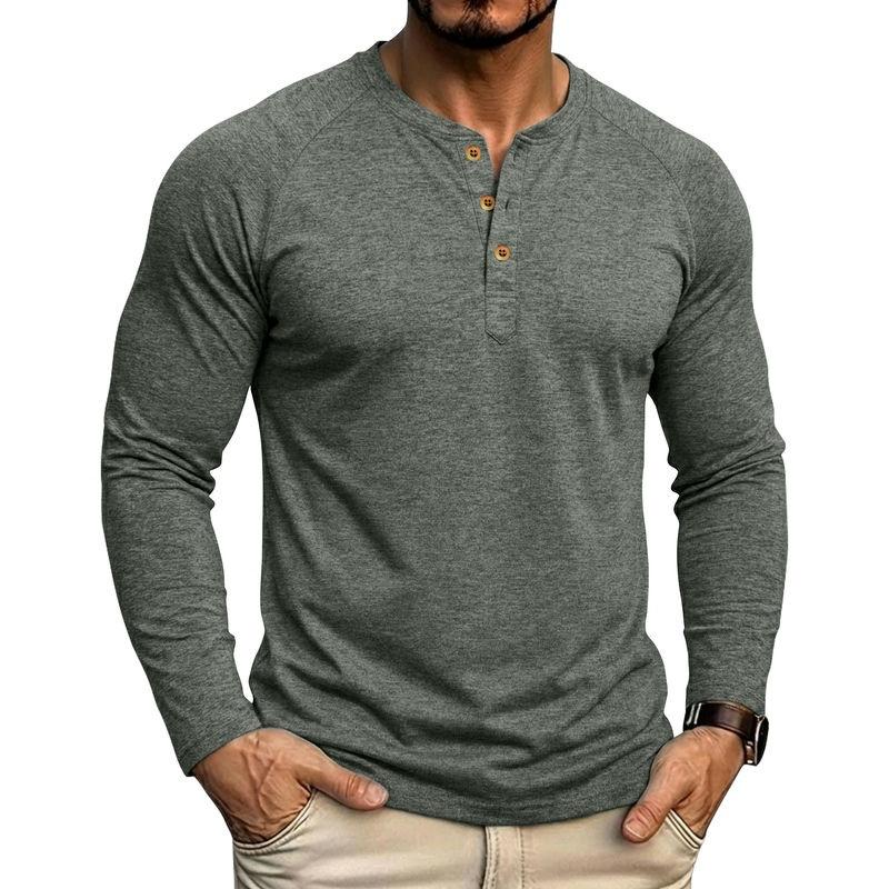 Mens Classic Style Henley Pullover Tops Raglan Long Sleeve Solid Color Daily Casual Wear Crew Neck Basic T Shirts