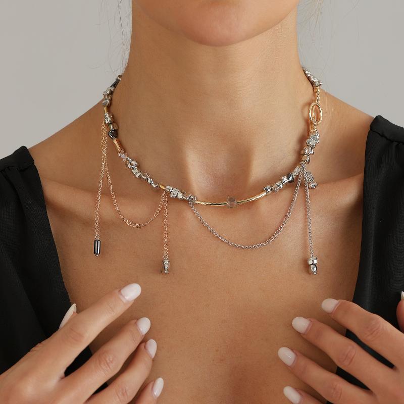 Pearl Snake Bone Chain Bead Splicing Necklace Minimalist Broken Silver Necklace Tassel Collarbone Chain Jewelry Gifts
