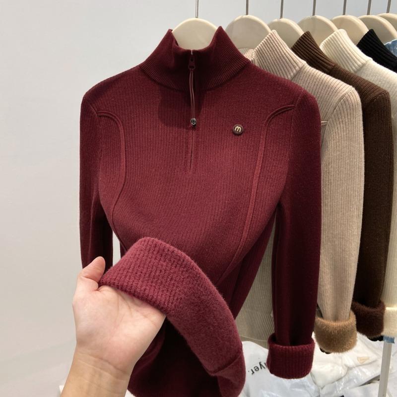 One-piece Fleece Thickened Sweater Women's Spring Semi-turtleneck Zipper-knitted Bottoming Shirt Slim-fitting Warm Inner Top