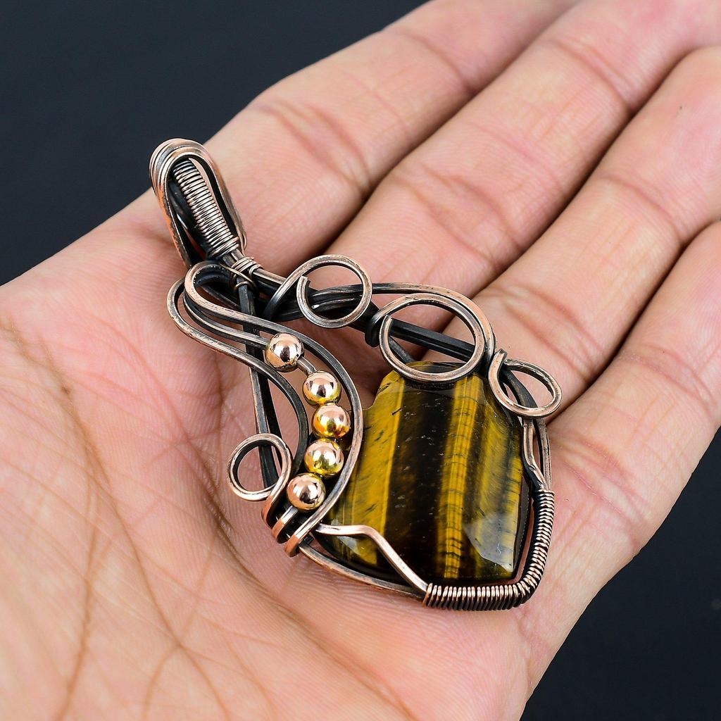 Tiger Eye Gemstone Handmade Pure Copper Wire Wrapped Pendant Jewelry For Women