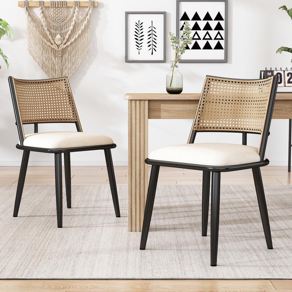 2 Dining Chairs, PU Seat, Rattan Backrest, Living Room, Bedroom Chair, Black