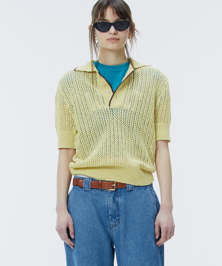 NOHANT Crochet Short Sleeve Collar Knit Resort-Mustard