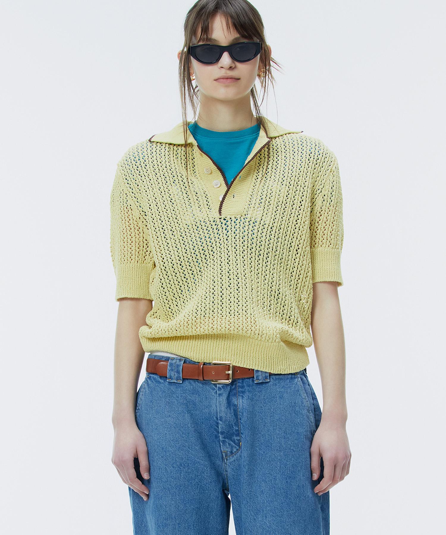 Noang Crochet Short Sleeve Collar Knit Resort-Mustard Resort-Mustard/S