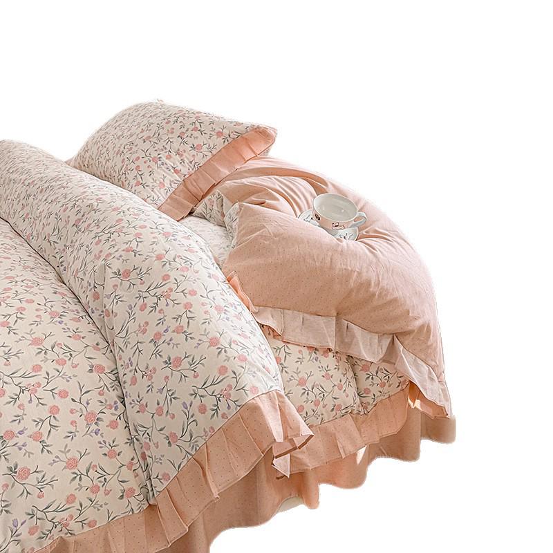 Fairy-Style Cotton Ruffled Bed Skirt & Pastoral Duvet Cover Set